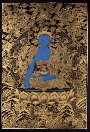 24K Gold Style Medicine Buddha | Original Hand-Painted Tibetan Thanka